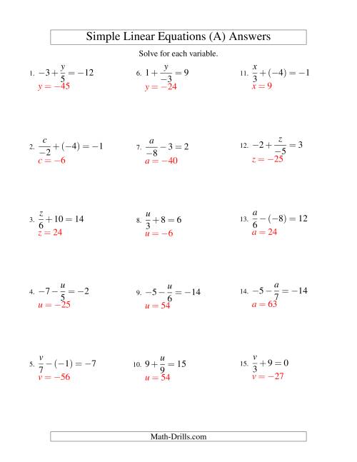 The Solving Linear Equations (Including Negative Values) -- Form x/a ± b = c (A) Math Worksheet Page 2