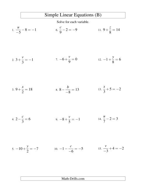 The Solving Linear Equations (Including Negative Values) -- Form x/a ± b = c (B) Math Worksheet