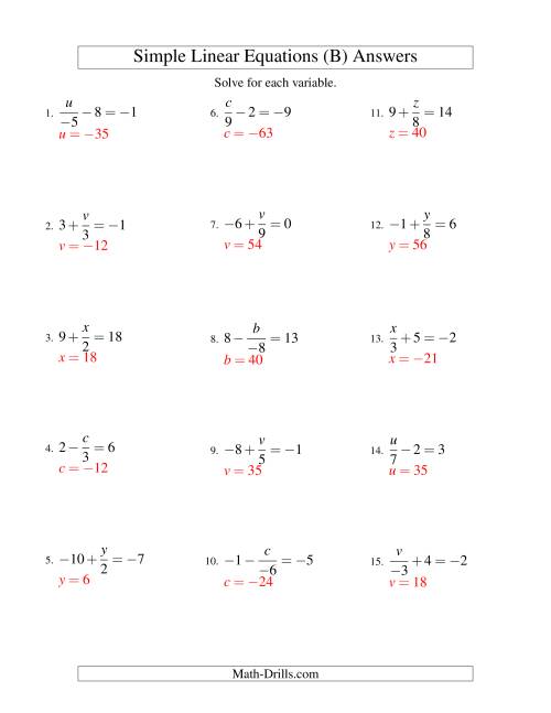 The Solving Linear Equations (Including Negative Values) -- Form x/a ± b = c (B) Math Worksheet Page 2