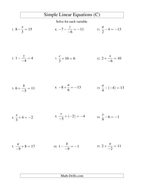 The Solving Linear Equations (Including Negative Values) -- Form x/a ± b = c (C) Math Worksheet