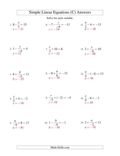 The Solving Linear Equations (Including Negative Values) -- Form x/a ± b = c (C) Math Worksheet Page 2