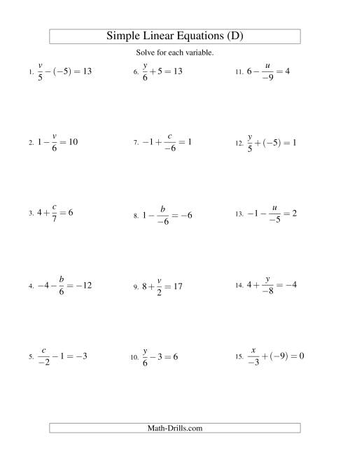 The Solving Linear Equations (Including Negative Values) -- Form x/a ± b = c (D) Math Worksheet