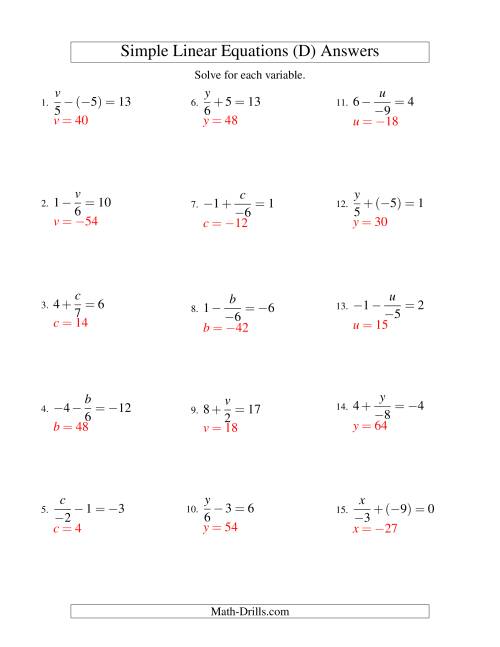 The Solving Linear Equations (Including Negative Values) -- Form x/a ± b = c (D) Math Worksheet Page 2