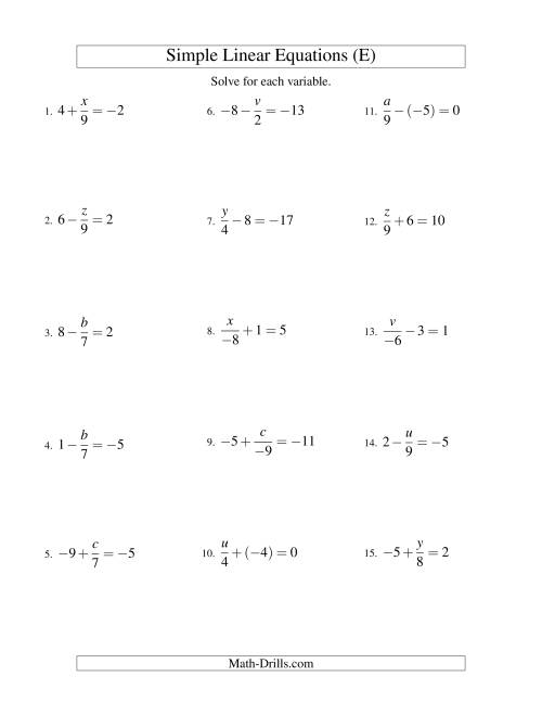 The Solving Linear Equations (Including Negative Values) -- Form x/a ± b = c (E) Math Worksheet