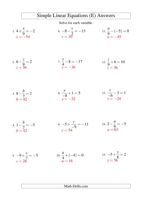 The Solving Linear Equations (Including Negative Values) -- Form x/a ± b = c (E) Math Worksheet Page 2