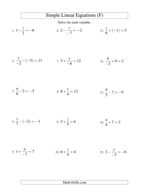 The Solving Linear Equations (Including Negative Values) -- Form x/a ± b = c (F) Math Worksheet