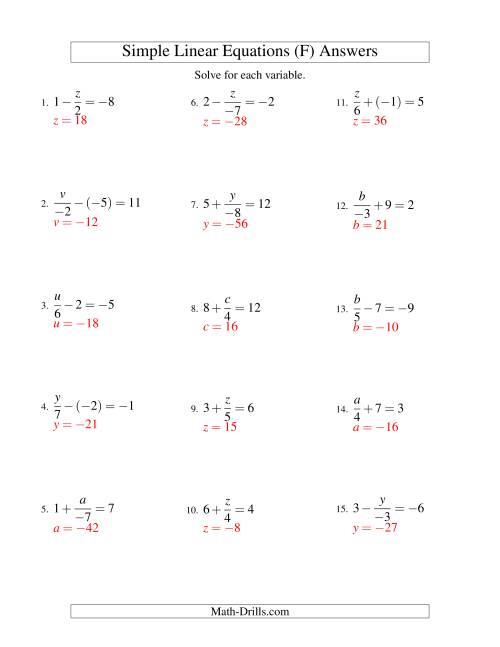 The Solving Linear Equations (Including Negative Values) -- Form x/a ± b = c (F) Math Worksheet Page 2