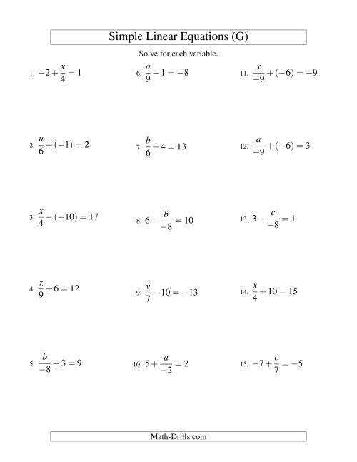 The Solving Linear Equations (Including Negative Values) -- Form x/a ± b = c (G) Math Worksheet