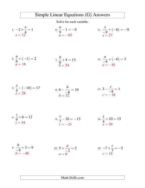 The Solving Linear Equations (Including Negative Values) -- Form x/a ± b = c (G) Math Worksheet Page 2
