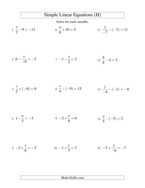 The Solving Linear Equations (Including Negative Values) -- Form x/a ± b = c (H) Math Worksheet