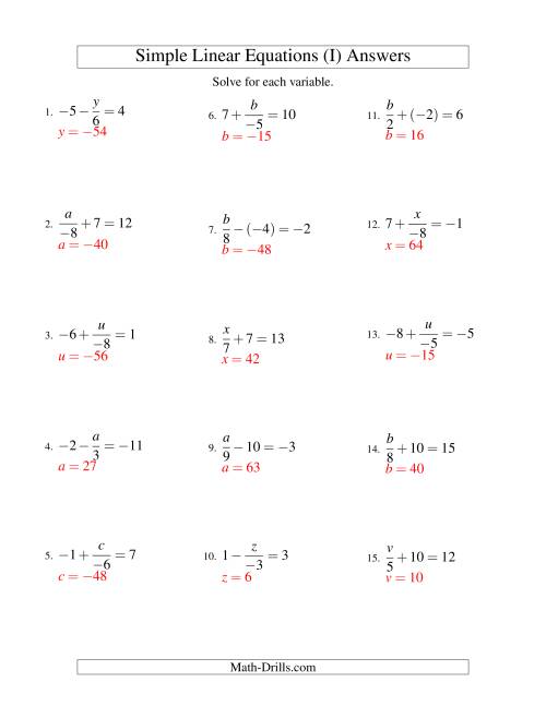 The Solving Linear Equations (Including Negative Values) -- Form x/a ± b = c (I) Math Worksheet Page 2