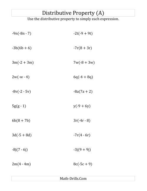 The Using the Distributive Property (All Answers Include Exponents) (A) Math Worksheet