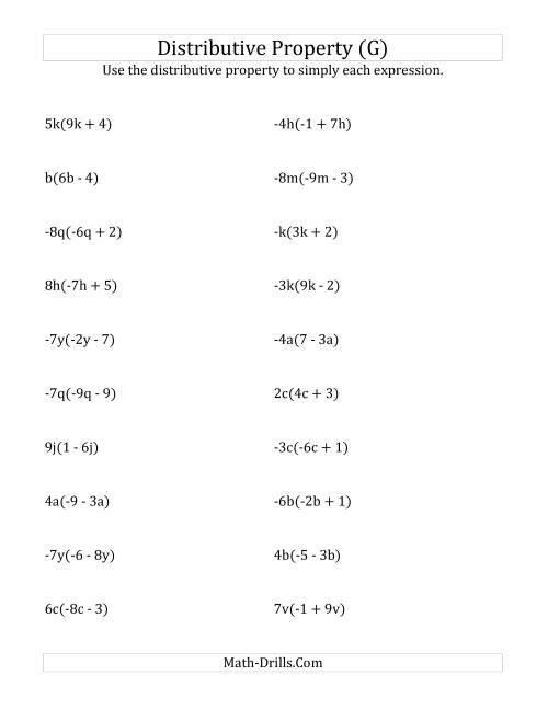 The Using the Distributive Property (All Answers Include Exponents) (G) Math Worksheet