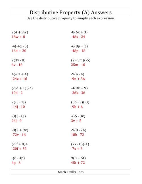 The Using the Distributive Property (Answers Do Not Include Exponents) (A) Math Worksheet Page 2