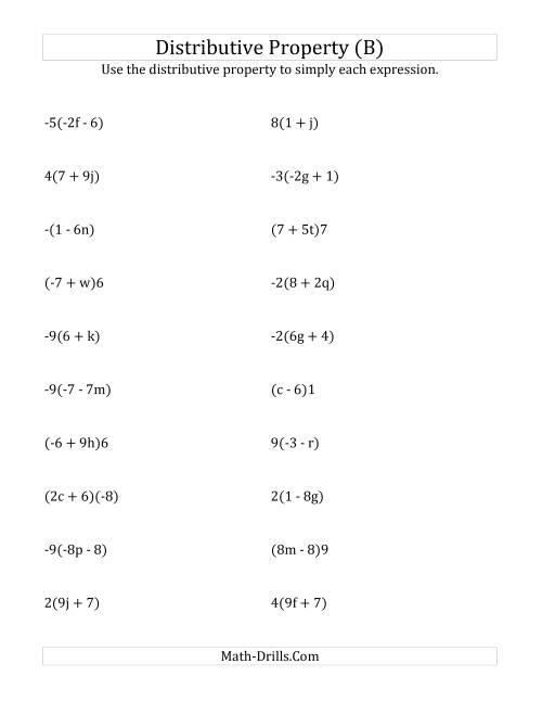 The Using the Distributive Property (Answers Do Not Include Exponents) (B) Math Worksheet