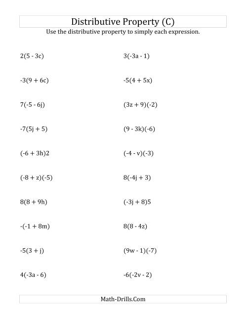 The Using the Distributive Property (Answers Do Not Include Exponents) (C) Math Worksheet