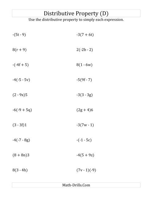 The Using the Distributive Property (Answers Do Not Include Exponents) (D) Math Worksheet