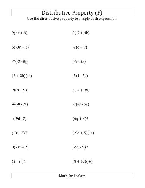 The Using the Distributive Property (Answers Do Not Include Exponents) (F) Math Worksheet