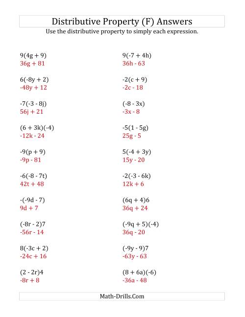 The Using the Distributive Property (Answers Do Not Include Exponents) (F) Math Worksheet Page 2
