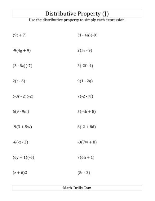 The Using the Distributive Property (Answers Do Not Include Exponents) (J) Math Worksheet