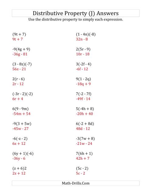 The Using the Distributive Property (Answers Do Not Include Exponents) (J) Math Worksheet Page 2