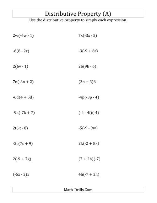 The Using the Distributive Property (Some Answers Include Exponents) (A) Math Worksheet