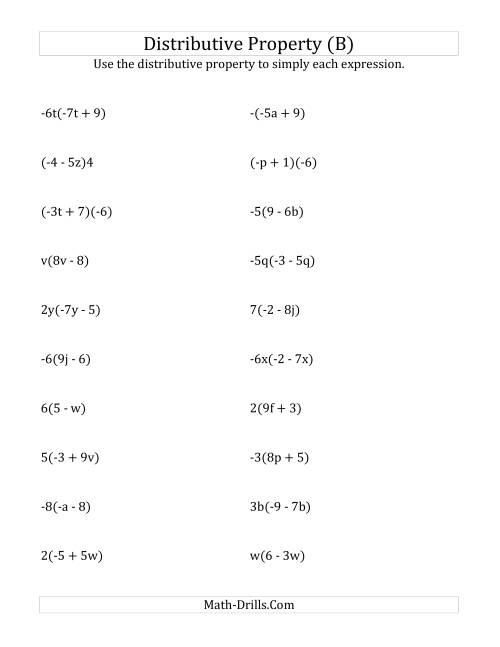 The Using the Distributive Property (Some Answers Include Exponents) (B) Math Worksheet