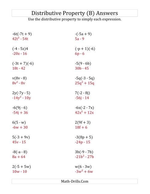 The Using the Distributive Property (Some Answers Include Exponents) (B) Math Worksheet Page 2