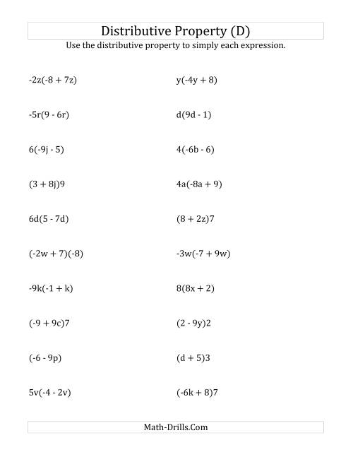 The Using the Distributive Property (Some Answers Include Exponents) (D) Math Worksheet