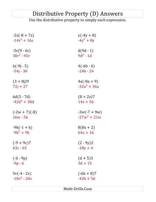 The Using the Distributive Property (Some Answers Include Exponents) (D) Math Worksheet Page 2