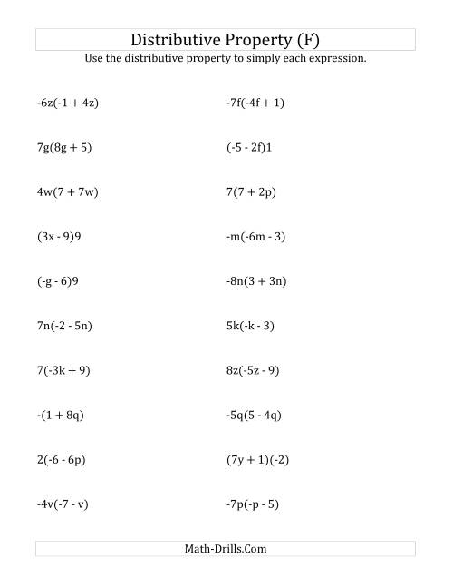 The Using the Distributive Property (Some Answers Include Exponents) (F) Math Worksheet