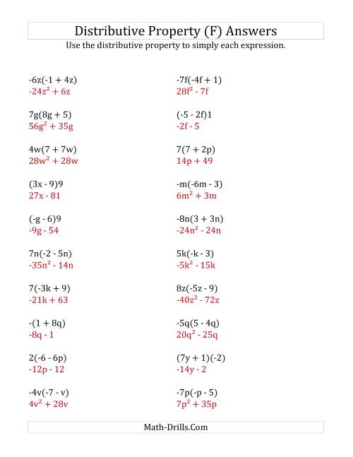 The Using the Distributive Property (Some Answers Include Exponents) (F) Math Worksheet Page 2