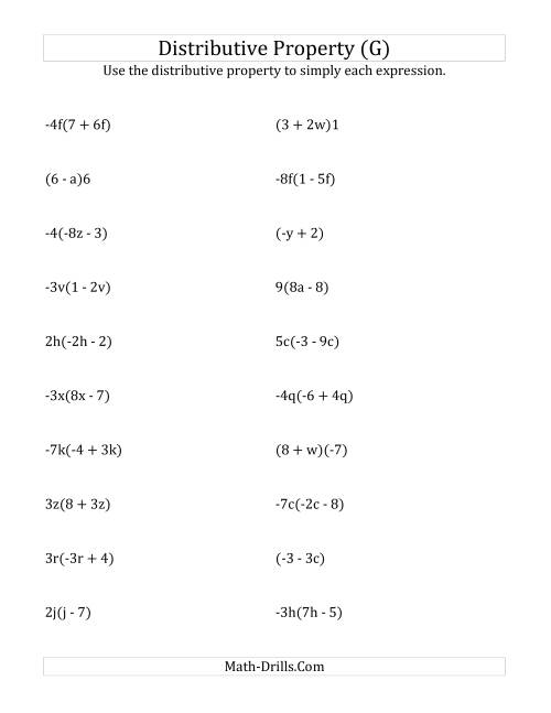 The Using the Distributive Property (Some Answers Include Exponents) (G) Math Worksheet