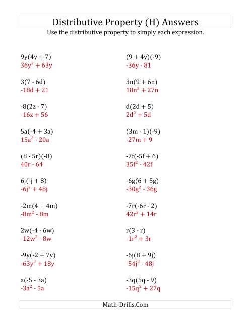 The Using the Distributive Property (Some Answers Include Exponents) (H) Math Worksheet Page 2