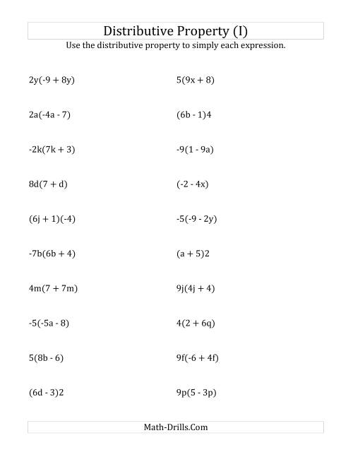 The Using the Distributive Property (Some Answers Include Exponents) (I) Math Worksheet