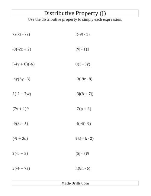 The Using the Distributive Property (Some Answers Include Exponents) (J) Math Worksheet