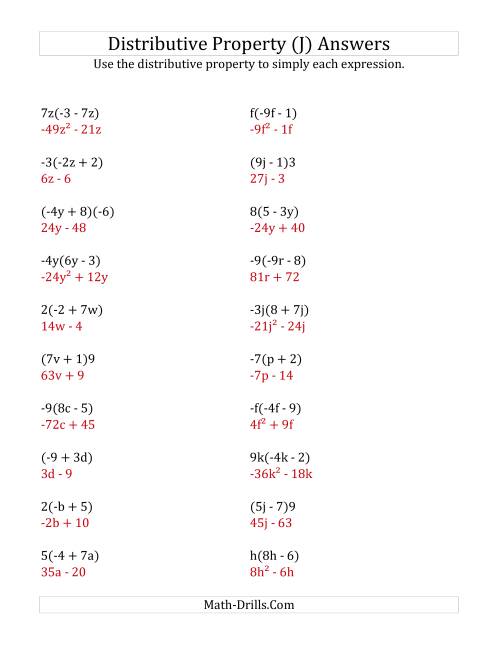 The Using the Distributive Property (Some Answers Include Exponents) (J) Math Worksheet Page 2