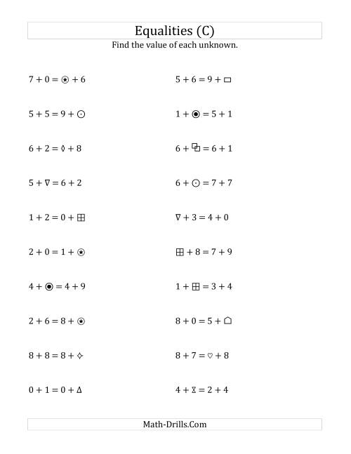 The Solving for Unknowns in Equalities with Addition (0 to 9) (C) Math Worksheet