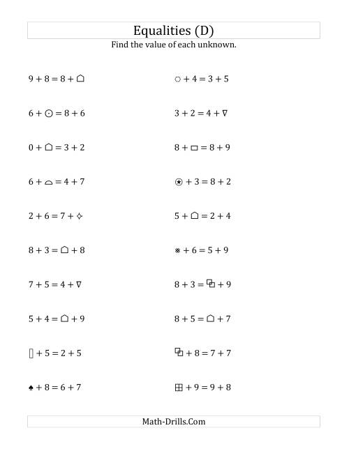 The Solving for Unknowns in Equalities with Addition (0 to 9) (D) Math Worksheet