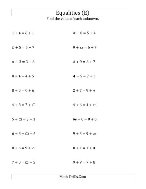 The Solving for Unknowns in Equalities with Addition (0 to 9) (E) Math Worksheet