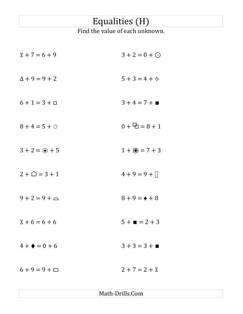 The Solving for Unknowns in Equalities with Addition (0 to 9) (H) Math Worksheet