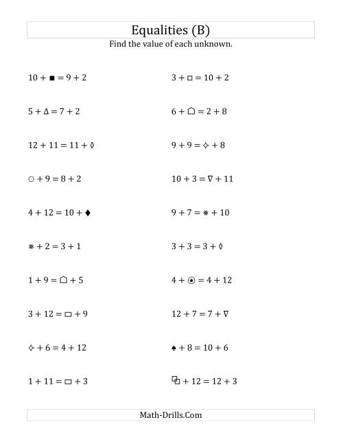 The Solving for Unknowns in Equalities with Addition (1 to 12) (B) Math Worksheet