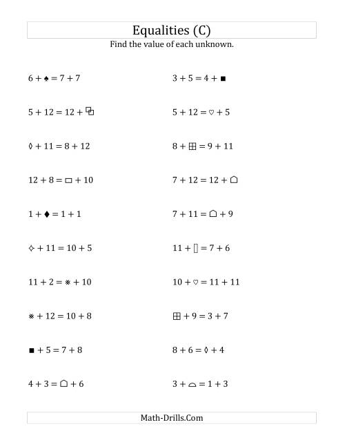 The Solving for Unknowns in Equalities with Addition (1 to 12) (C) Math Worksheet
