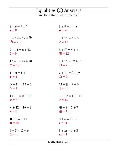 The Solving for Unknowns in Equalities with Addition (1 to 12) (C) Math Worksheet Page 2