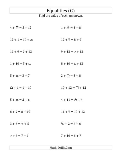 The Solving for Unknowns in Equalities with Addition (1 to 12) (G) Math Worksheet