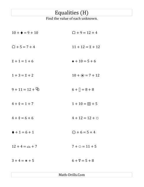 The Solving for Unknowns in Equalities with Addition (1 to 12) (H) Math Worksheet