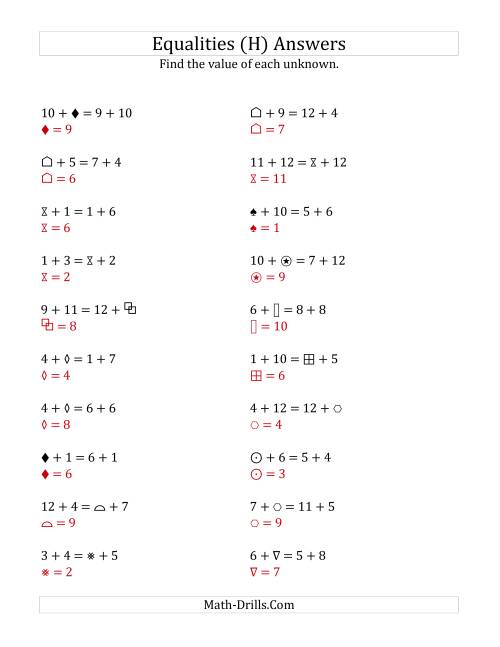 The Solving for Unknowns in Equalities with Addition (1 to 12) (H) Math Worksheet Page 2