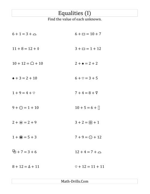 The Solving for Unknowns in Equalities with Addition (1 to 12) (I) Math Worksheet