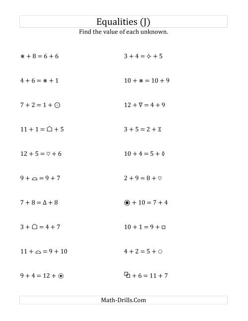 The Solving for Unknowns in Equalities with Addition (1 to 12) (J) Math Worksheet