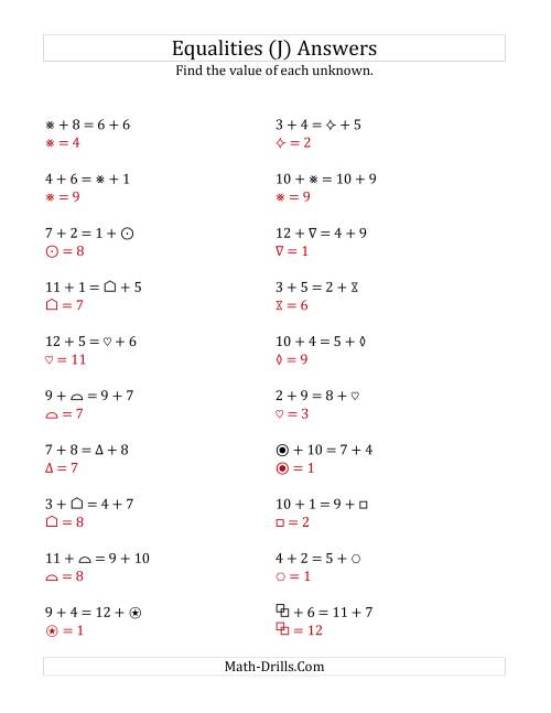 The Solving for Unknowns in Equalities with Addition (1 to 12) (J) Math Worksheet Page 2